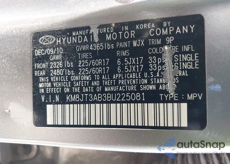 2011 Hyundai Tucson Gl из США, поврежденный, VIN KM8JT3AB3BU225081